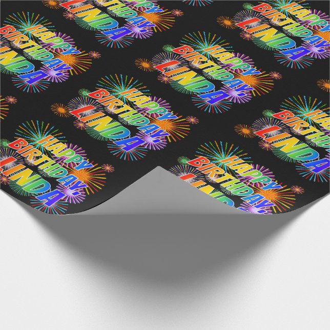 First Name "LINDA", Fun "HAPPY BIRTHDAY" Wrapping Paper (Corner)
