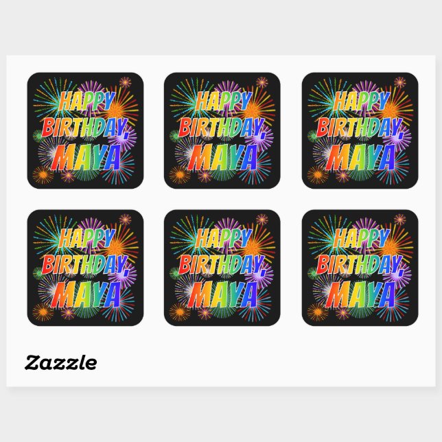 First Name "MAYA", Fun "HAPPY BIRTHDAY" Square Sticker (Sheet)