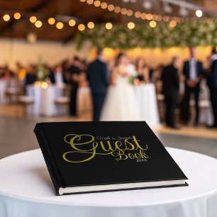 First Name Modern Elegant Black Yellow Calligraphy Guest Book