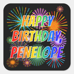 First Name "PENELOPE", Fun "HAPPY BIRTHDAY" Square Sticker