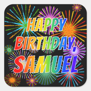 First Name "SAMUEL", Fun "HAPPY BIRTHDAY" Square Sticker
