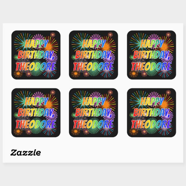 First Name "THEODORE", Fun "HAPPY BIRTHDAY" Square Sticker (Sheet)