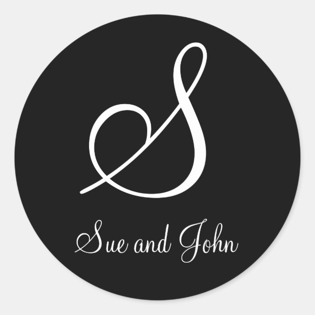 First Names and Last Initial White Monogram S Classic Round Sticker (Front)