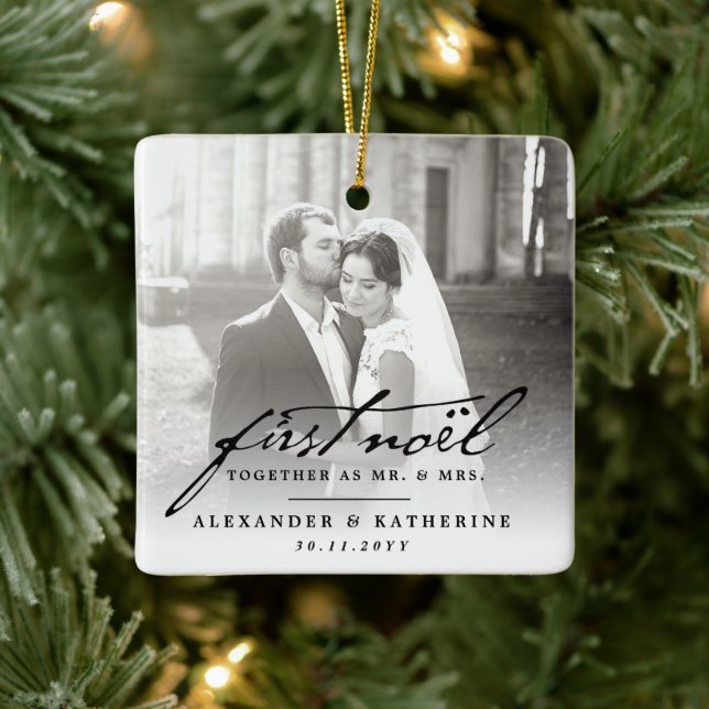 First Noel Old Handwriting Holiday Wedding Photo Ceramic Ornament (Tree)