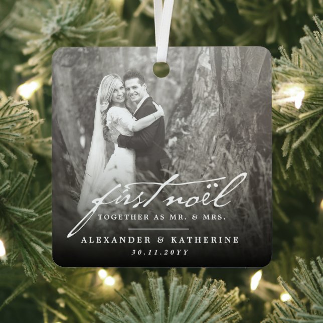 First Noel Old Handwriting Holiday Wedding Photo Metal Tree Decoration (Insitu)