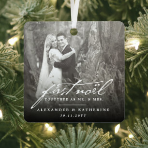 First Noel Old Handwriting Holiday Wedding Photo Metal Tree Decoration