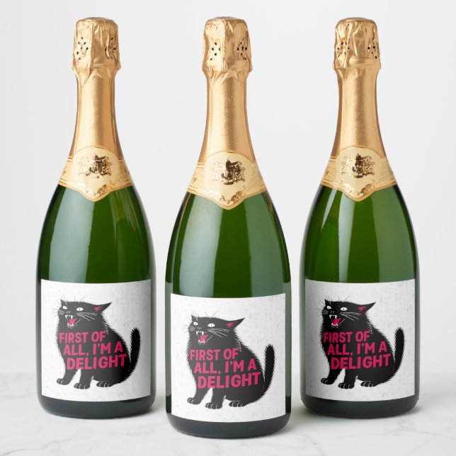 First Of All I'm A Delight Roaring Black Cat Sparkling Wine Label (Bottles)