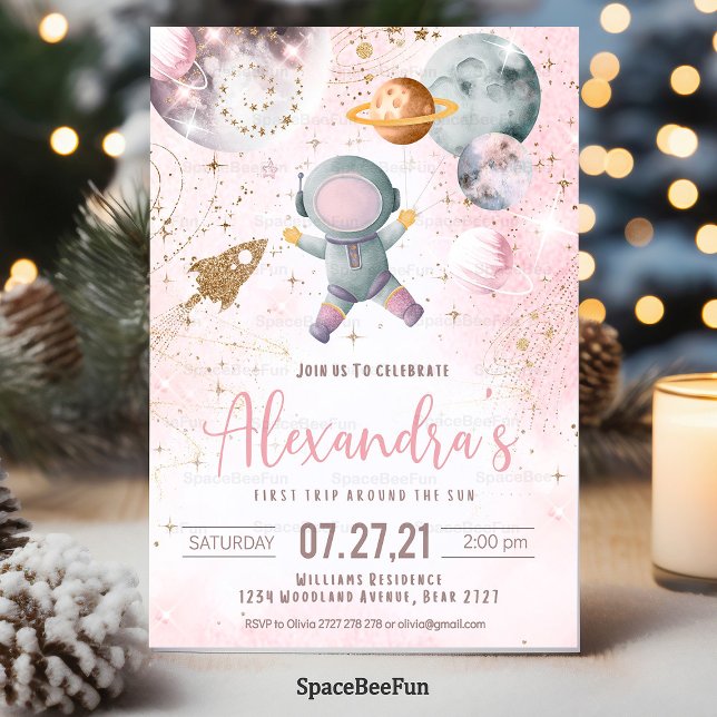 First Outer Space Birthday Invitation Girl Astrona (First Outer Space Birthday Invitation Girl Astronaut First Trip Around the Sun Galaxy invites)