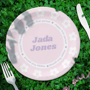 First Period Party Pink Flower Pattern Name Paper Plate