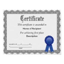 First Place Blue Ribbon Certificate