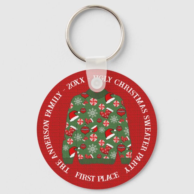 First Place Red Green Ugly Christmas Sweater Party Key Ring (Front)