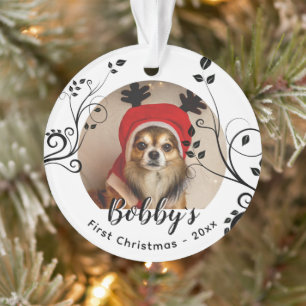 First Puppy Christmas Black Foliage Dog Name Photo Ornament