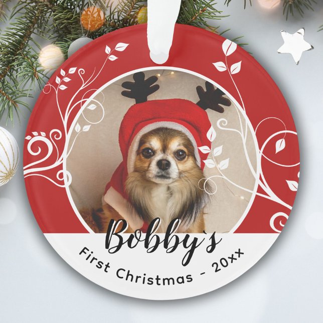 First Puppy Christmas Foliage Dog Name Photo Red Ornament (Creator Uploaded)