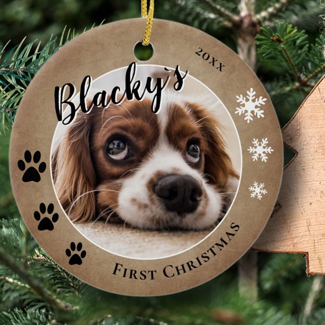 First Puppy Christmas Rustic Dog Name Photo  Ceramic Tree Decoration (Creator Uploaded)