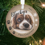 First Puppy Christmas Rustic Dog Name Photo Ornament<br><div class="desc">Cute First Puppy Christmas Rustic Dog Name and Photo Ornament. The background is rustic beige with white snowflakes and black paw prints. Personalise the ornament with your dog`s photo, name and year of birth - insert your favourite puppy photo. You can use this custom ornament for any pet. A lovely...</div>