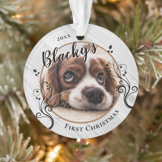 First Puppy Christmas Wood Foliage Dog Name Photo Ornament (Tree)