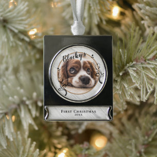 First Puppy Christmas Wood Foliage Dog Name Photo Silver Plated Banner Ornament