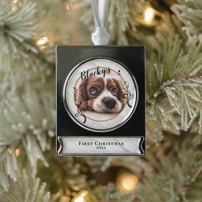 First Puppy Christmas Wood Foliage Dog Name Photo Silver Plated Banner Ornament (Tree)