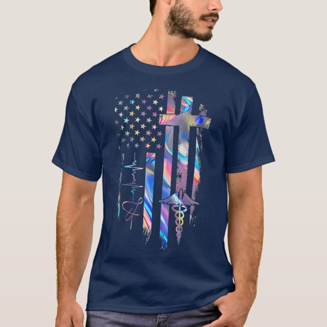First Responder Nurse American US Flag Heartbeat T-Shirt (Front)