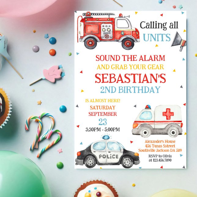 First Responders Emergency Vehicles Birthday Invitation (Creator Uploaded)