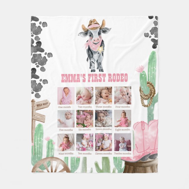 First Rodeo 1st Birthday 12 Month Photo Collage Fleece Blanket (Front)