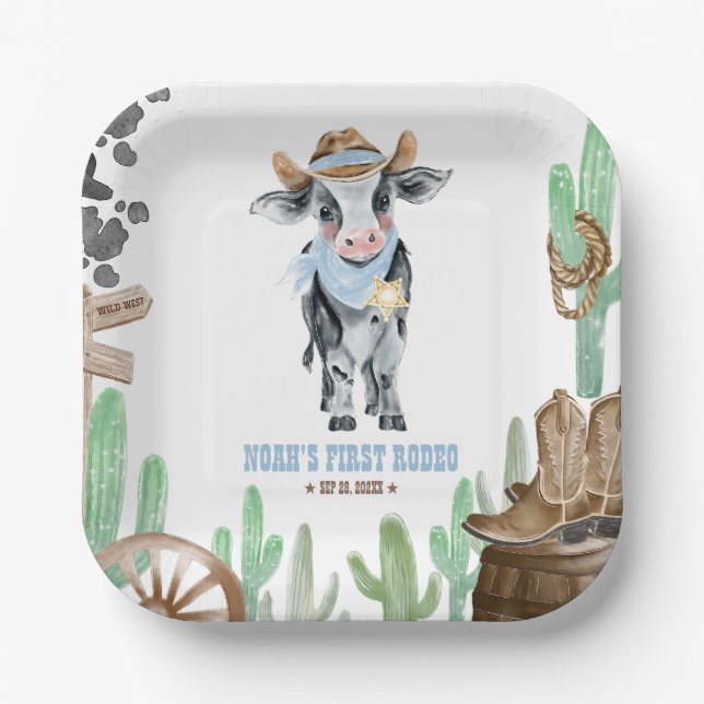 First Rodeo 1st Birthday Baby Cow Paper Plate (Front)
