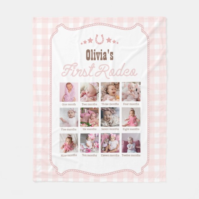 First Rodeo 1st Birthday Pink Western Photo Sign Fleece Blanket (Front)
