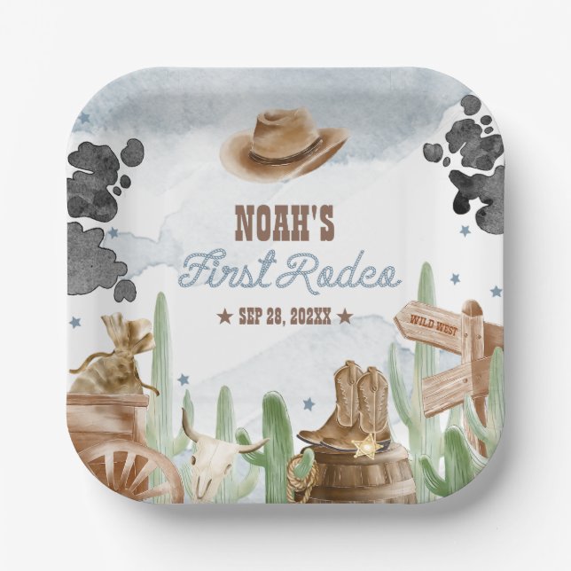 First Rodeo 1st Birthday Rustic Wild West Paper Plate (Front)