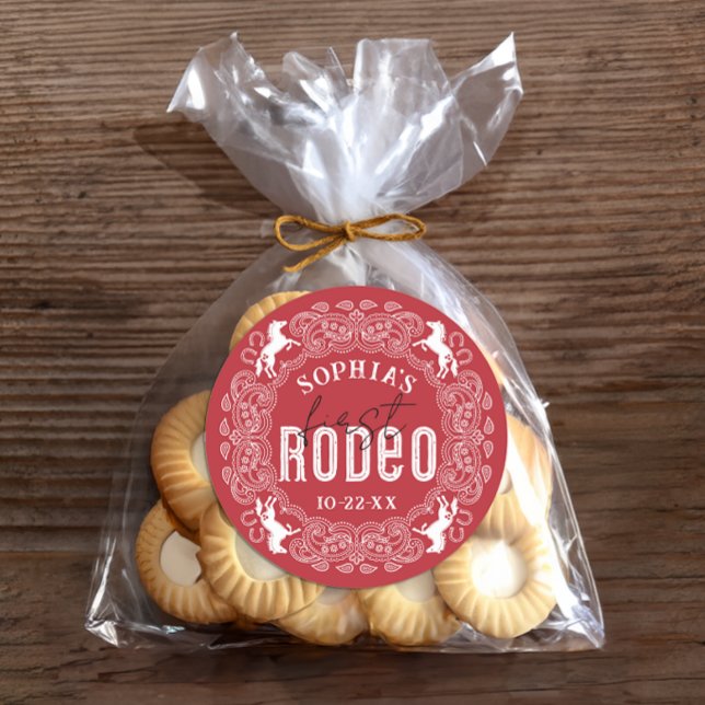 First Rodeo 1st Birthday Sticker – Red Western Par (Party Favor Sticker)