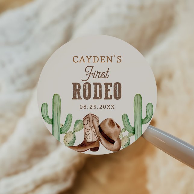 First Rodeo 1st Birthday Western Cowboy Classic Round Sticker (Creator Uploaded)