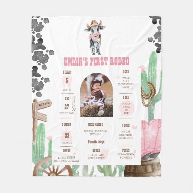 First Rodeo Baby Cow Wild West Milestone Sign  Fleece Blanket (Front)