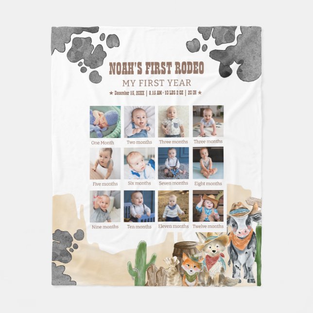 First Rodeo Birthday 12 Month Photo Collage  Fleece Blanket (Front)
