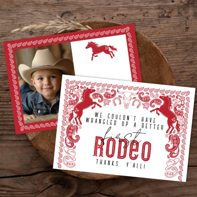 First Rodeo Birthday Thank You Card – Western Cowb (Red 1st Rodeo Birthday Party Thank You Card)