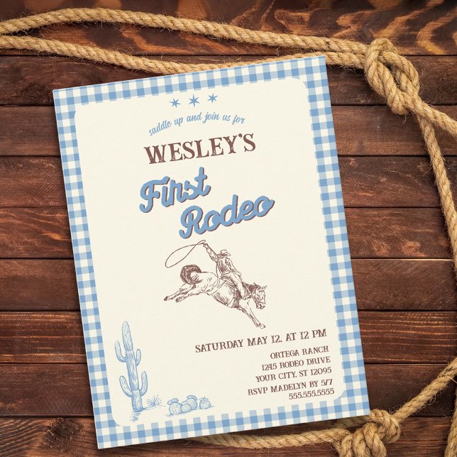 First Rodeo Blue Plaid 1st Birthday Invitation Postcard (First Rodeo Blue Plaid 1st Birthday Invitation Postcard)