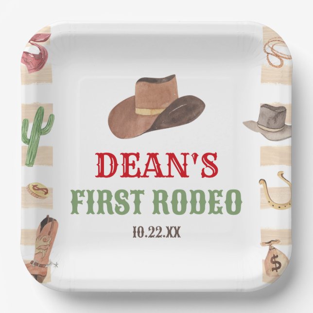 First Rodeo Cowboy 1st First Birthday Party Paper Plate (Front)