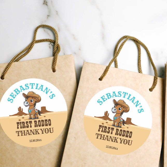 First Rodeo cowboy baby horse birthday party favou Classic Round Sticker (First rodeo thank you favor gift stickers cute little cowboy horse with a hat western themed party)