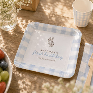 First Rodeo Cowboy Birthday Blue Gingham  Paper Plate