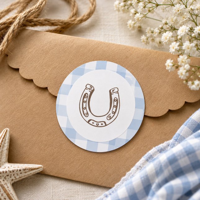 First Rodeo Cowboy Birthday Blue Gingham Preppy  Classic Round Sticker (Creator Uploaded)