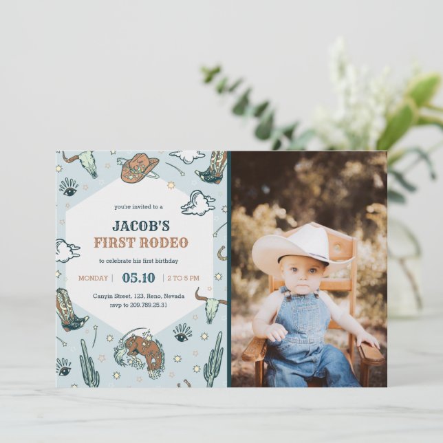 First Rodeo Cowboy Birthday Invitation With Photo (Standing Front)
