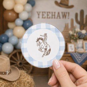 First Rodeo Cowboy Blue Gingham Preppy Classic Round Sticker