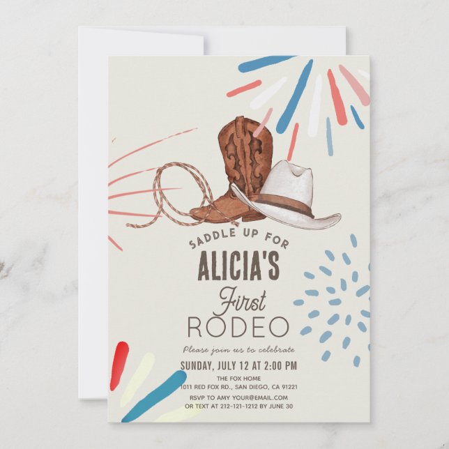 First Rodeo Cowboy Cowgirl Fireworks 1st Birthday Invitation (Front)