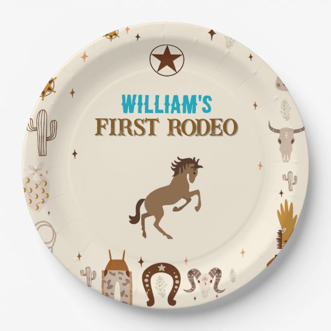 First Rodeo Cowboy First Birthday Paper Plate (Front)