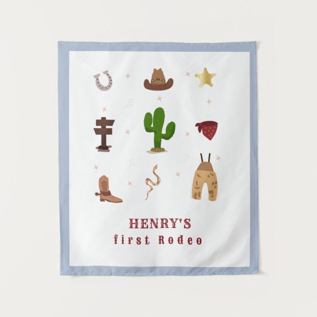 First Rodeo Cowboy Kids birthday Invitation Tapestry (Front)