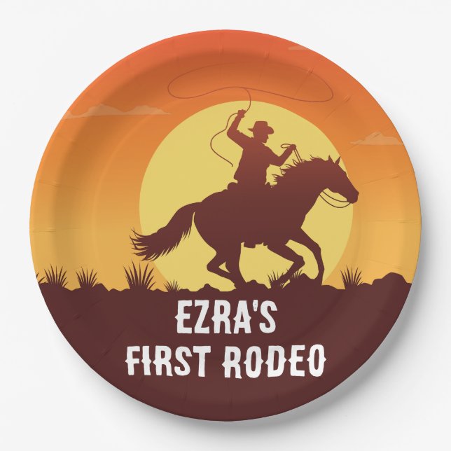 First Rodeo Cowboy Sunset Birthday Paper Plate (Front)
