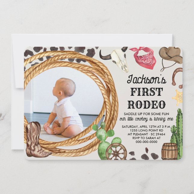 First Rodeo Cowboy Western Birthday Party Photo Invitation (Front)