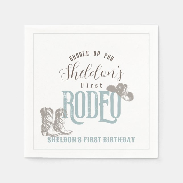 First Rodeo Cowboy Western Blue 1st Birthday Napkin (Front)