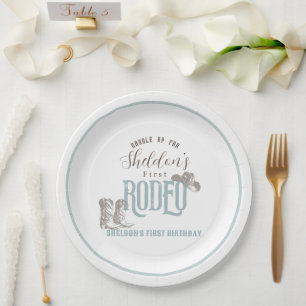 First Rodeo Cowboy Western Blue 1st Birthday Paper Plate