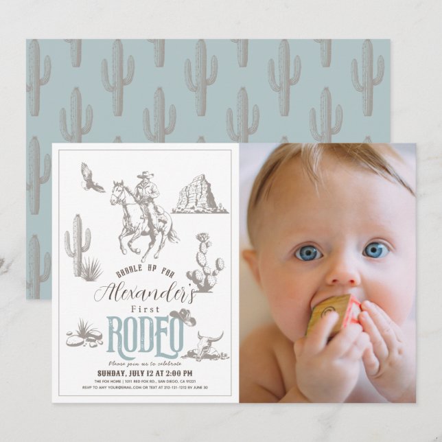 First Rodeo Cowboy Western Blue 1st Birthday Photo Invitation (Front/Back)