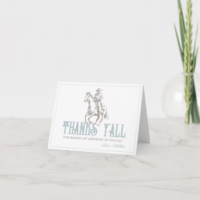 First Rodeo Cowboy Western Blue 1st Birthday Thank You Card (Front)
