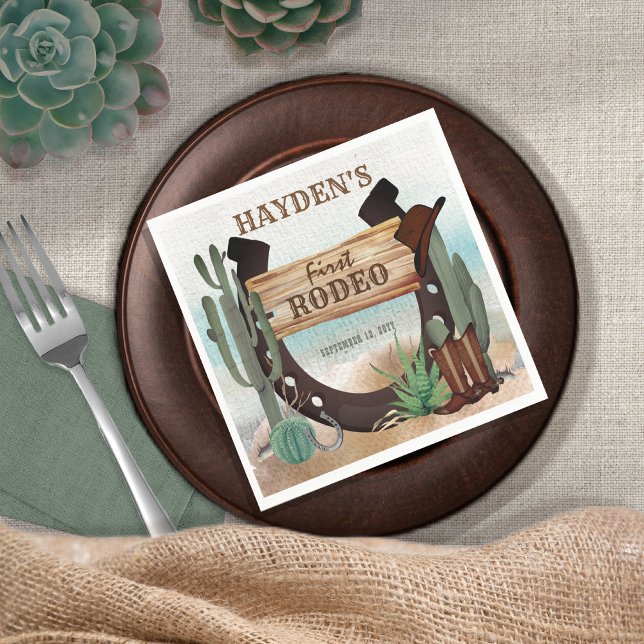 First Rodeo Cowboy Western Boy 1st Birthday Party Napkin (Creator Uploaded)